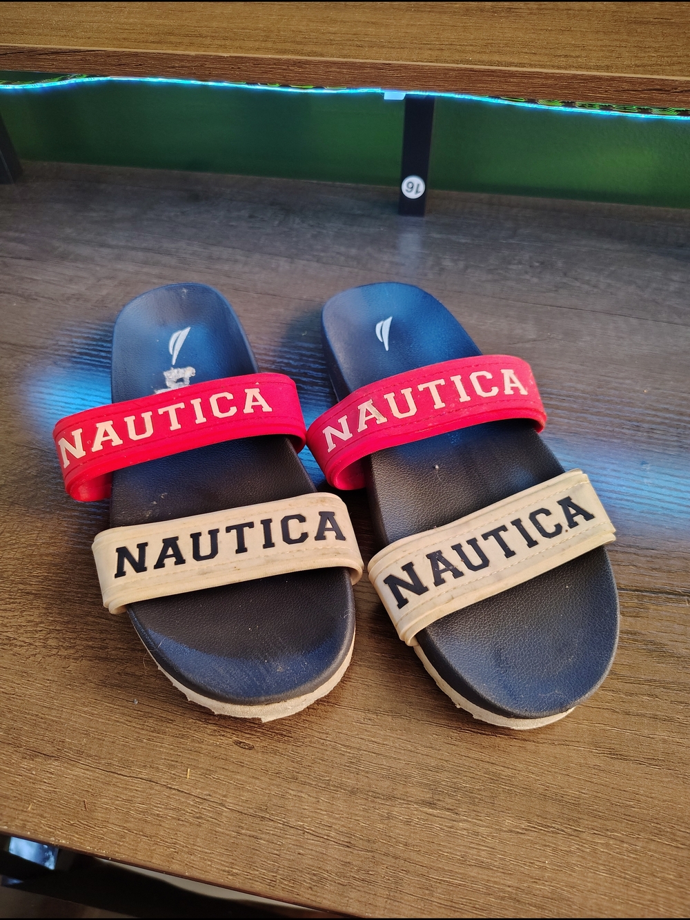 Nautica Two-Band Slide Sandals in Navy, Red & Tan